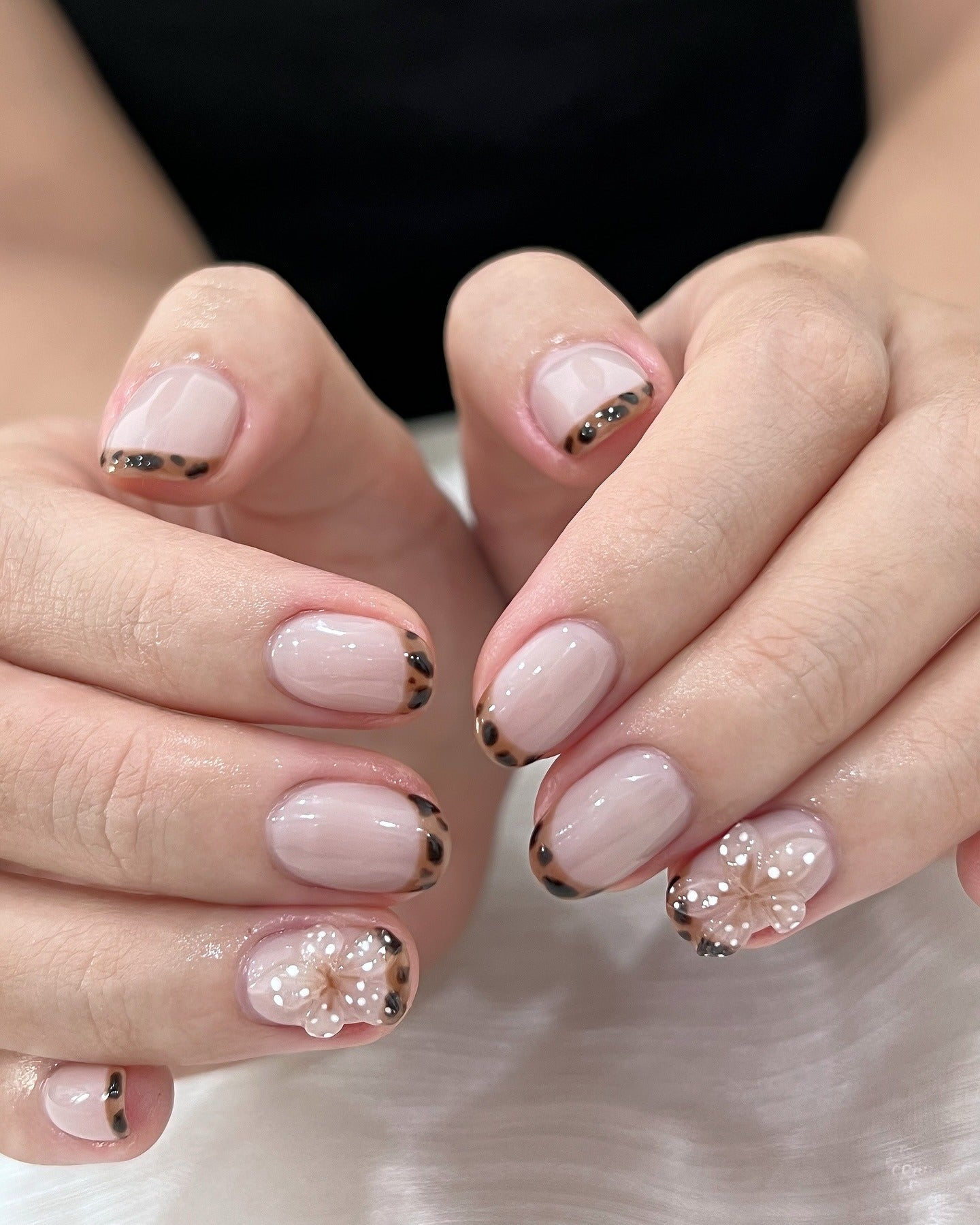 9. Leopard French with 3D Floral Accents (Cute Nail Ideas)