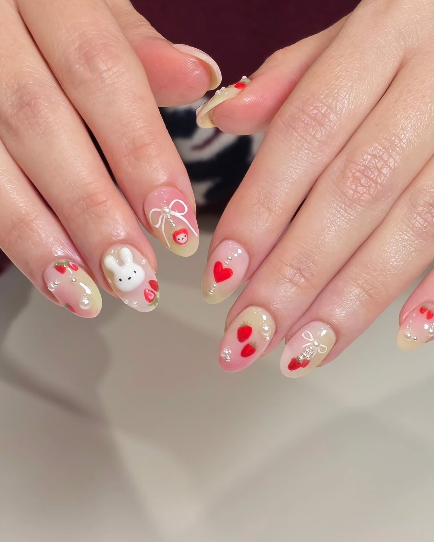 14. Strawberries & Hearts on Blush Beige (Cute Nail Ideas)