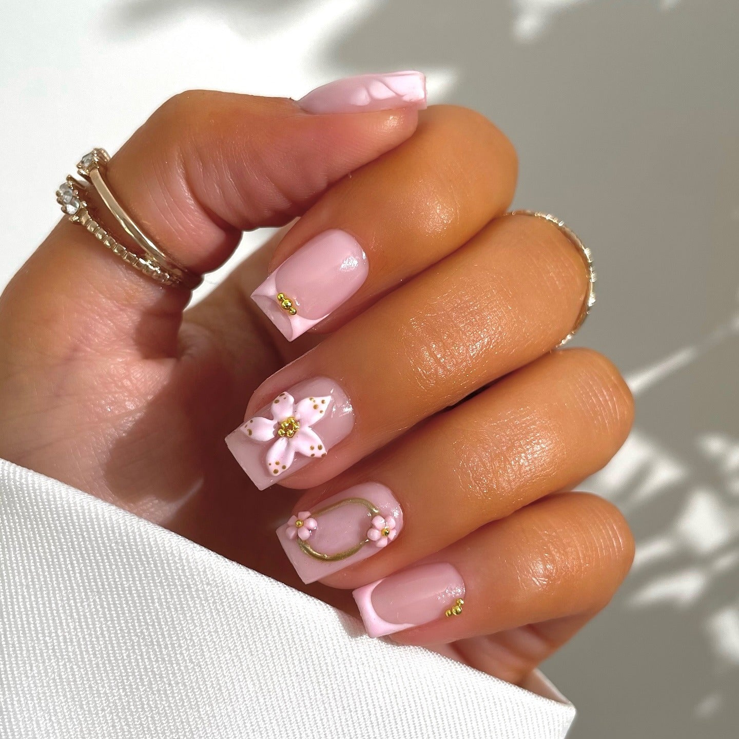 1. 3D Floral Square Light Pink Nails (Light Pink Nail Ideas)