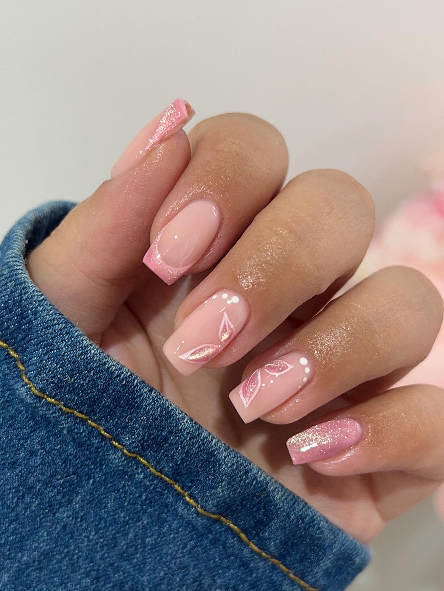 5. Shimmery Pink Square Nails with Leaf Accents (Light Pink Nail Ideas)