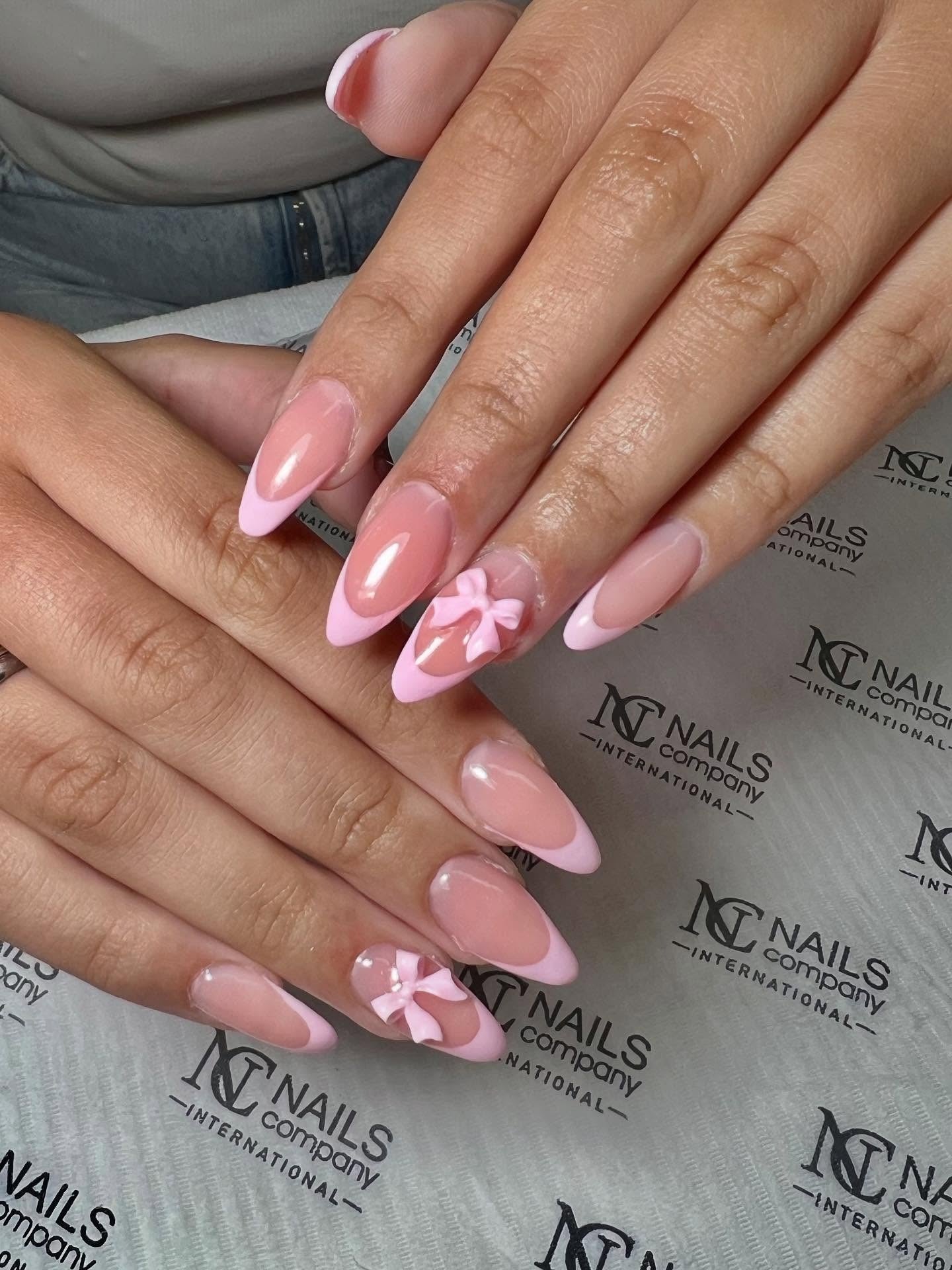 7. French Almond Pink Nails with 3D Bows (Light Pink Nail Ideas)