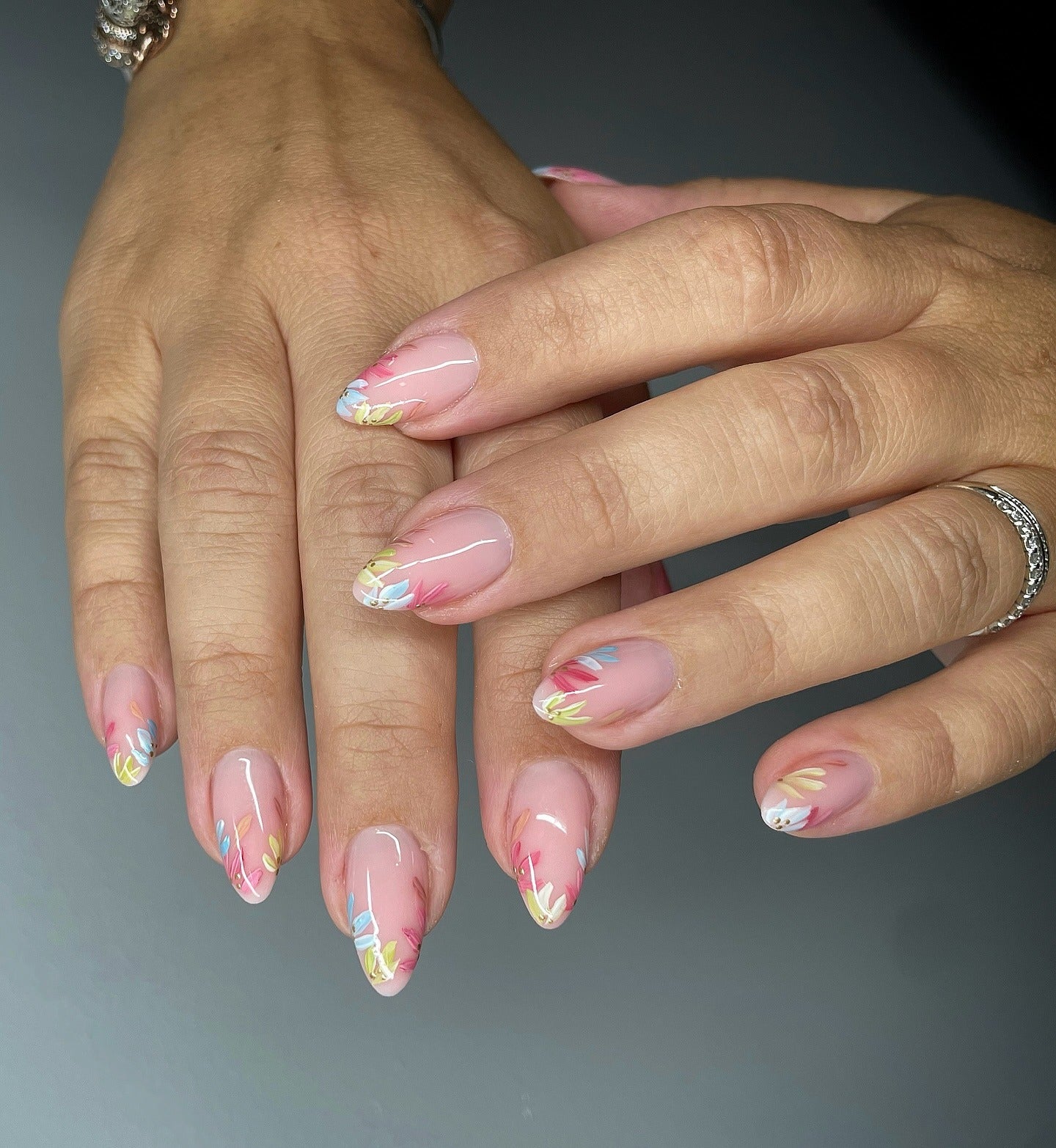 8. Colorful Petal Detail Almond Nails (Light Pink Nail Ideas)