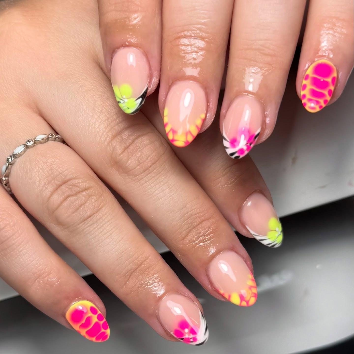 3. Neon Flora & Zebra Accents (Nail Ideas for Work)