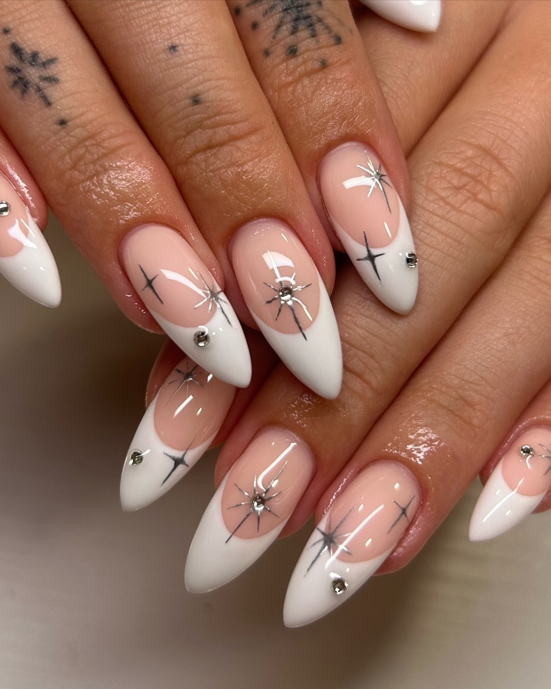 6. White Sparkle French with Crystals (Nail Ideas for Work)