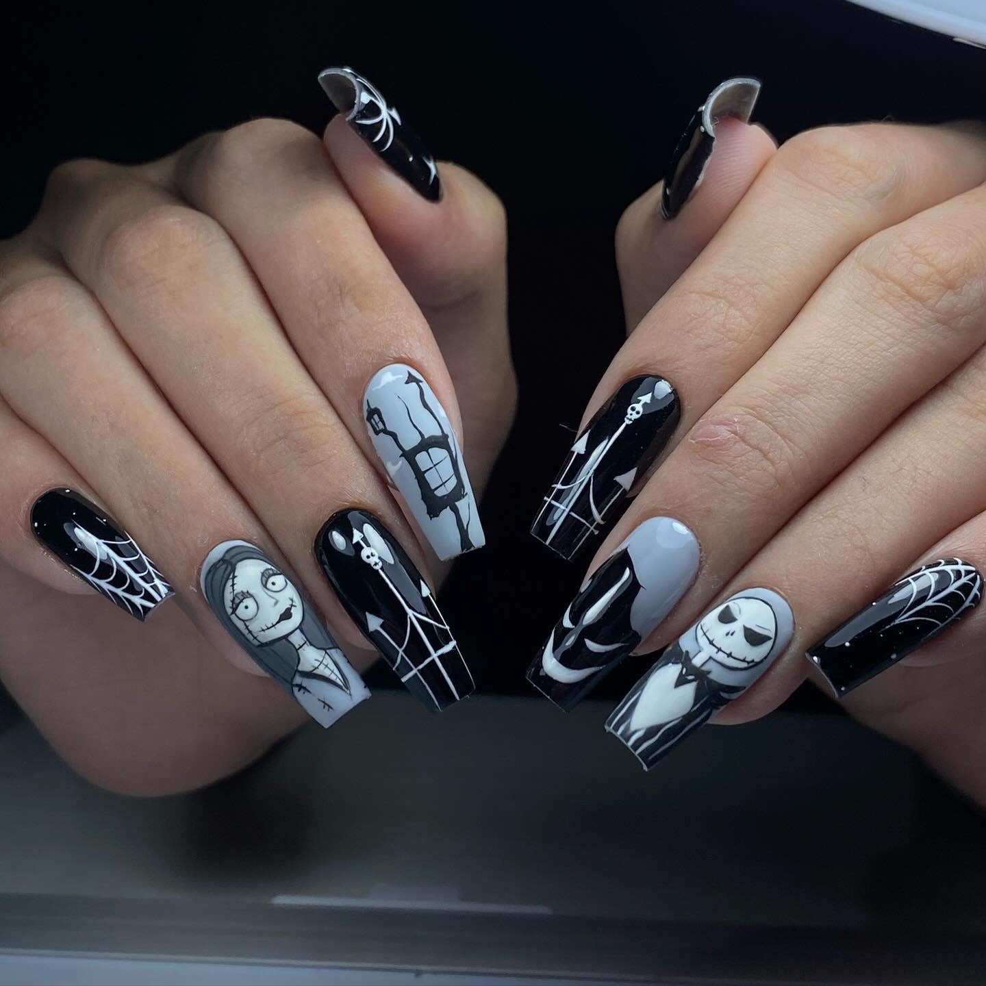 4. Monochrome Horrorcore Character Nails (Grunge Nail Ideas)