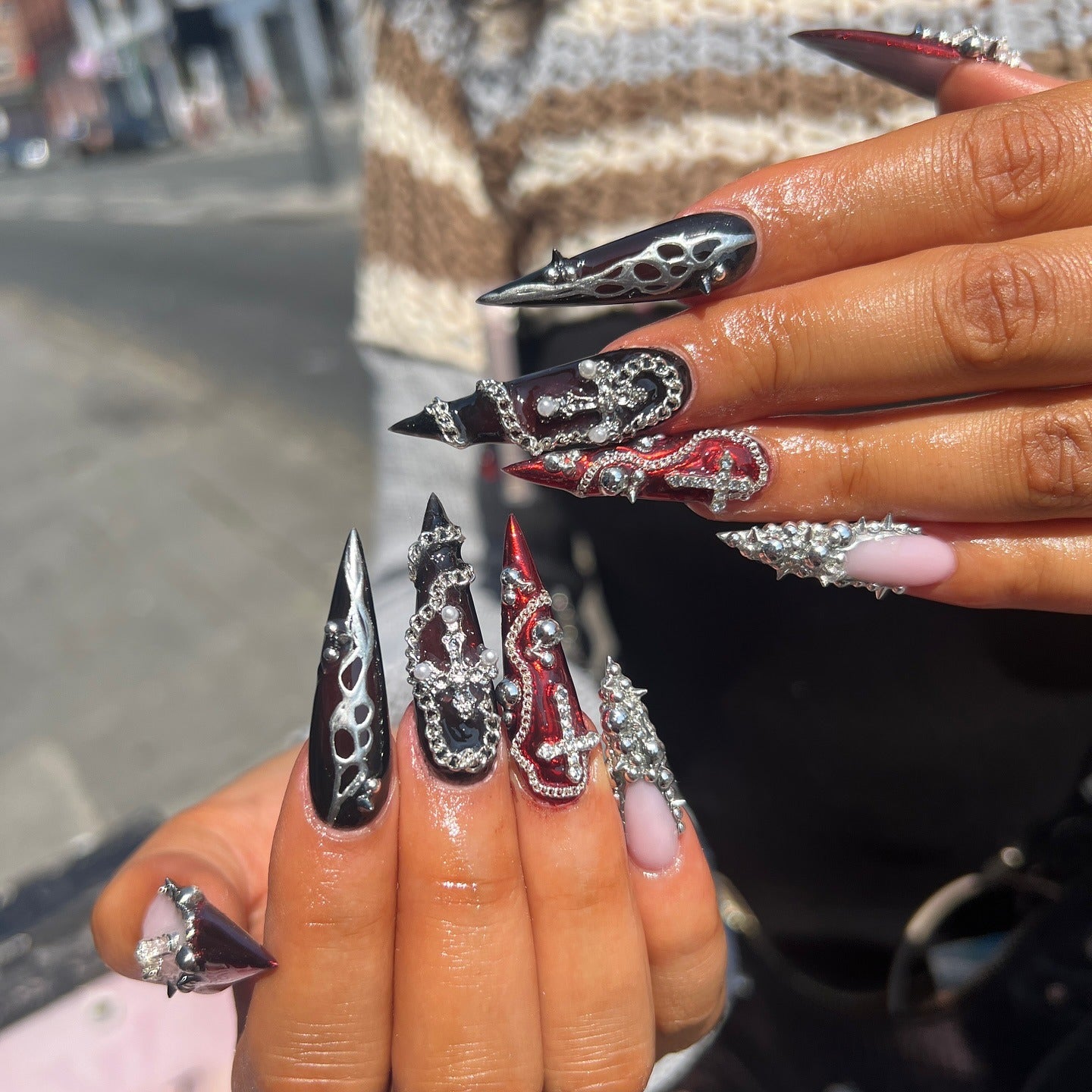 12. Crimson Blade with 3D Chain Armor (Grunge Nail Ideas)