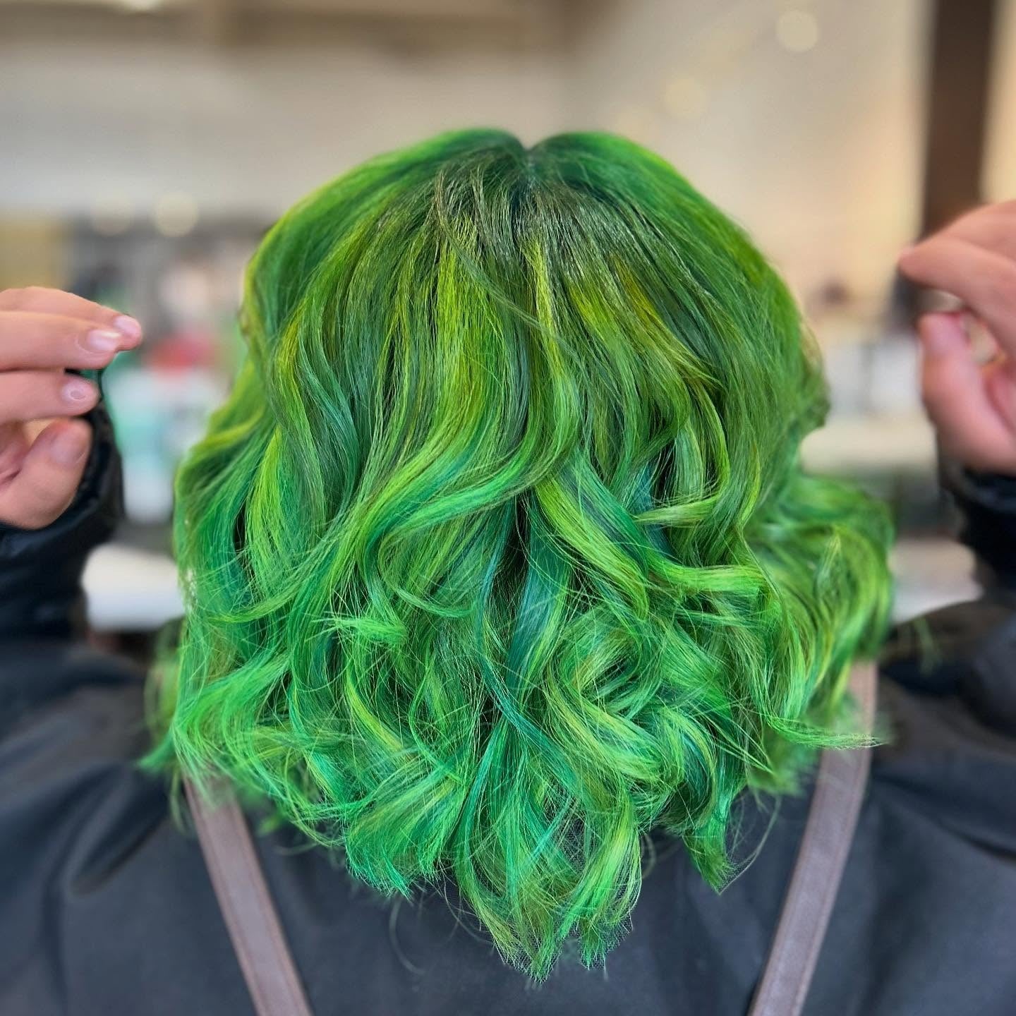 7. Neon Green Curled Bob (Green Hair Color)