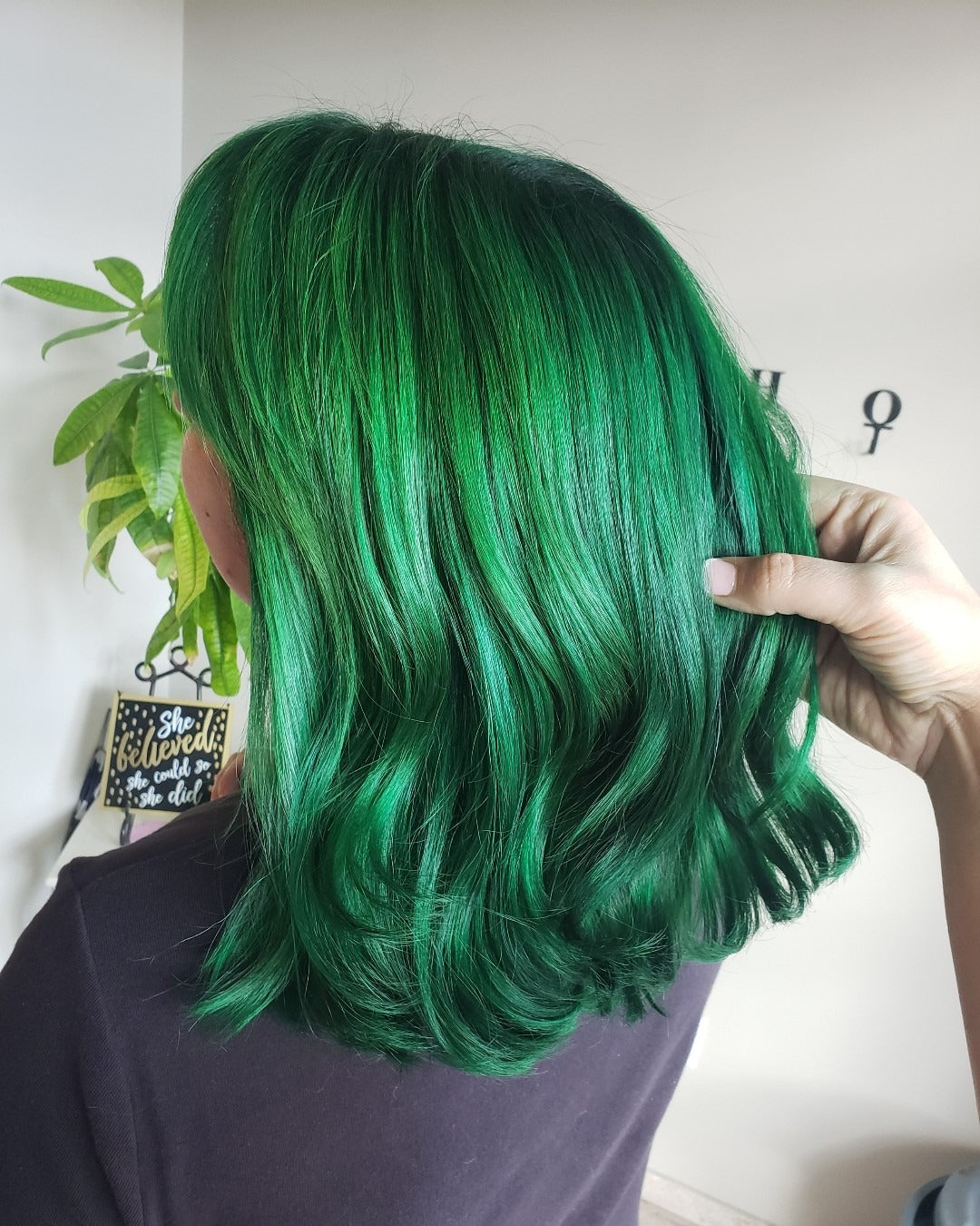 13. Glossy Green Medium Cut (Green Hair Color)
