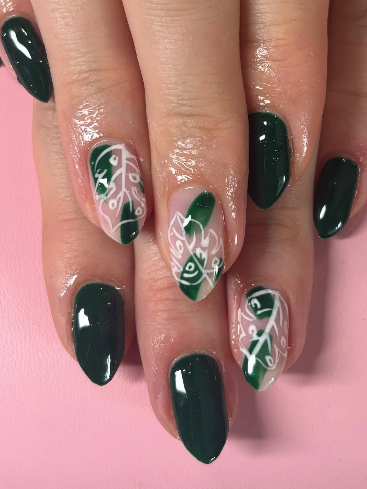 14. Deep Forest Contrast Florals (Nature Nail Ideas)