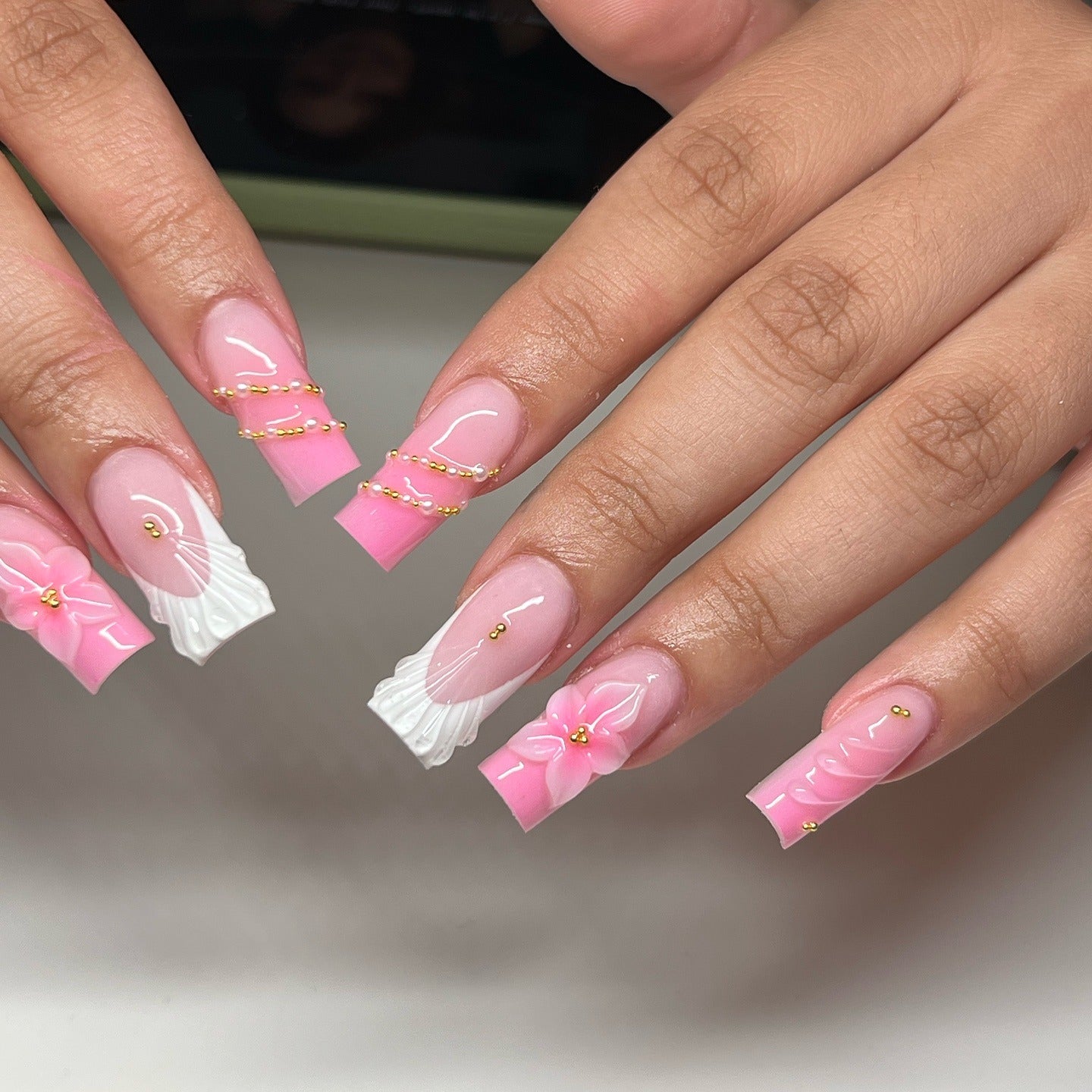 2. 3D Blossom and Bead Detailing (Pink and White Nail Ideas)