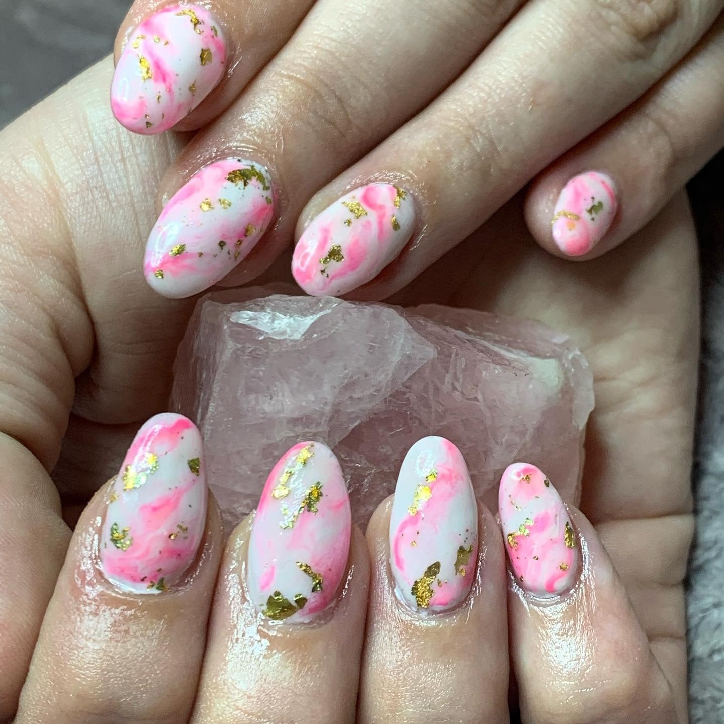 4. Marble Pink with Gold Leaf (Pink and White Nail Ideas)