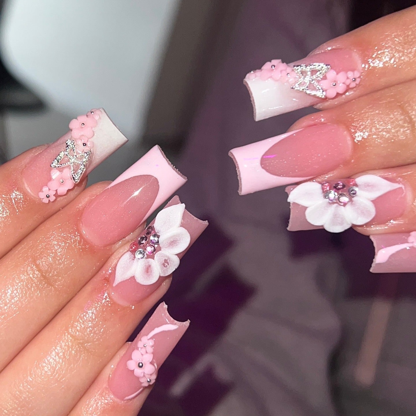 9. 3D Flowers and Rhinestone Embellishments (Pink and White Nail Ideas)