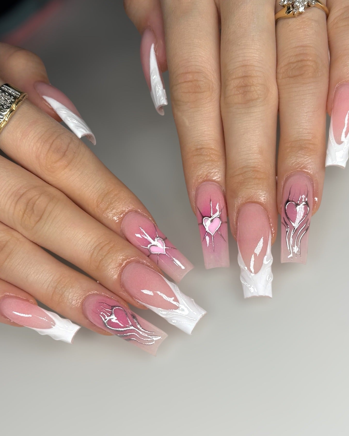 10. Pink and White Heart Flames (Pink and White Nail Ideas)