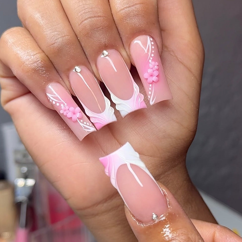 12. Square Pink and White with 3D Florals (Pink and White Nail Ideas)
