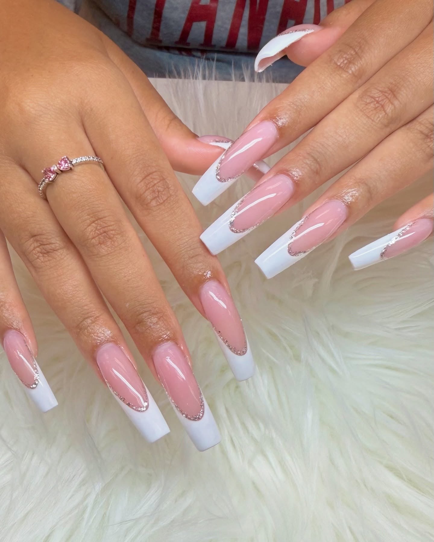 15. Coffin Pink and White French with Glitter Outlines (Pink and White Nail Ideas)
