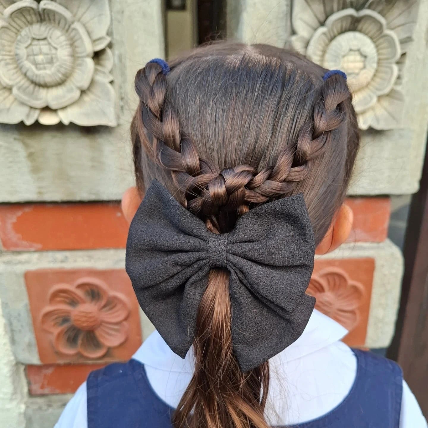 2. V-Braid Ponytail with Black Bow on Chestnut Brown Hair (Hairstyles For School)