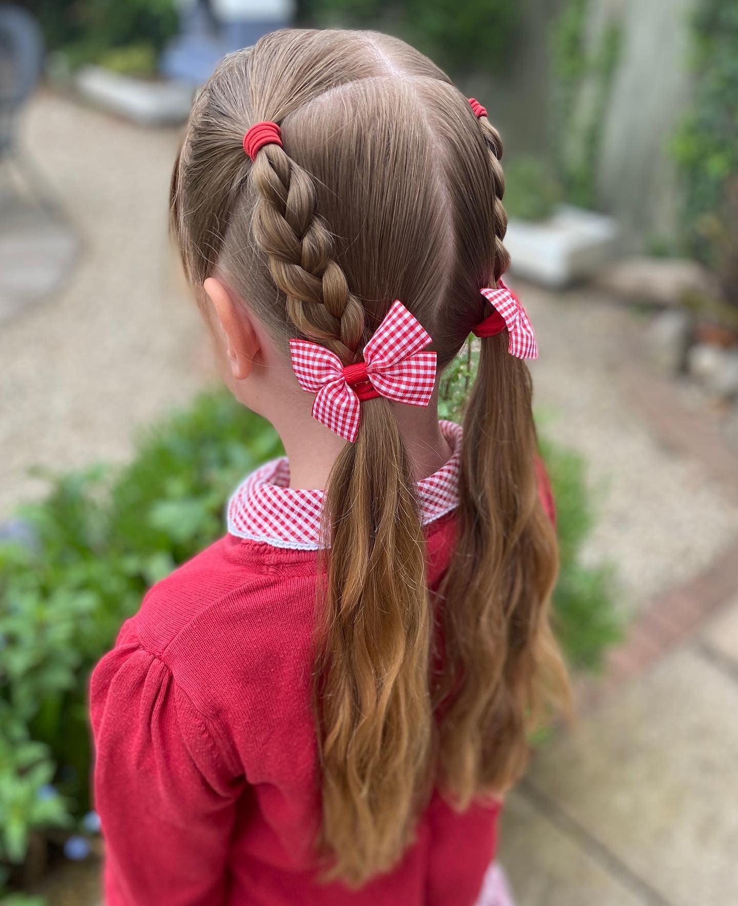 4. Double Side Braids with Red Bows on Light Brown Hair (Hairstyles For School)