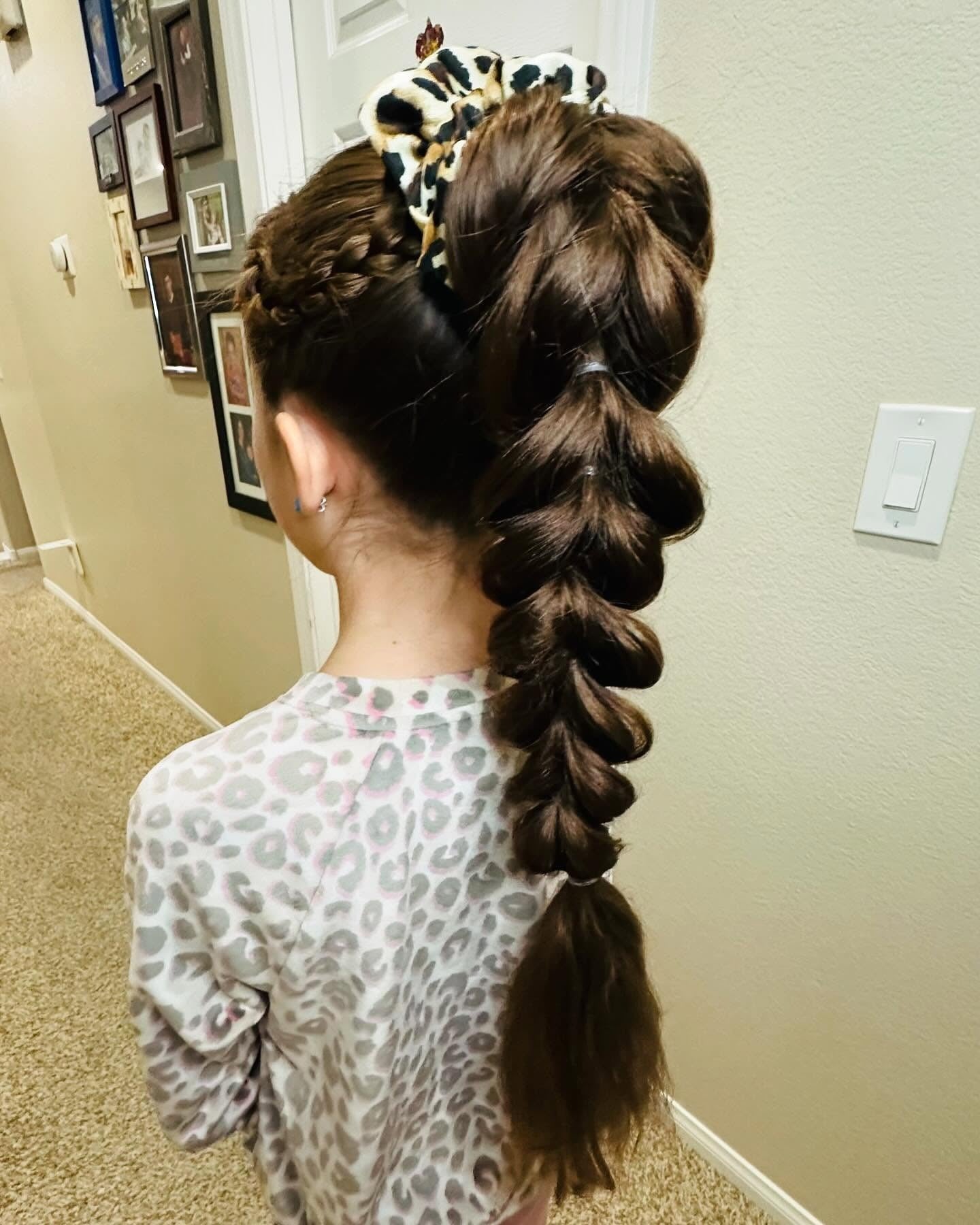 6. Bubble Braid Ponytail with Leopard Scrunchie on Dark Brown Hair (Hairstyles For School)