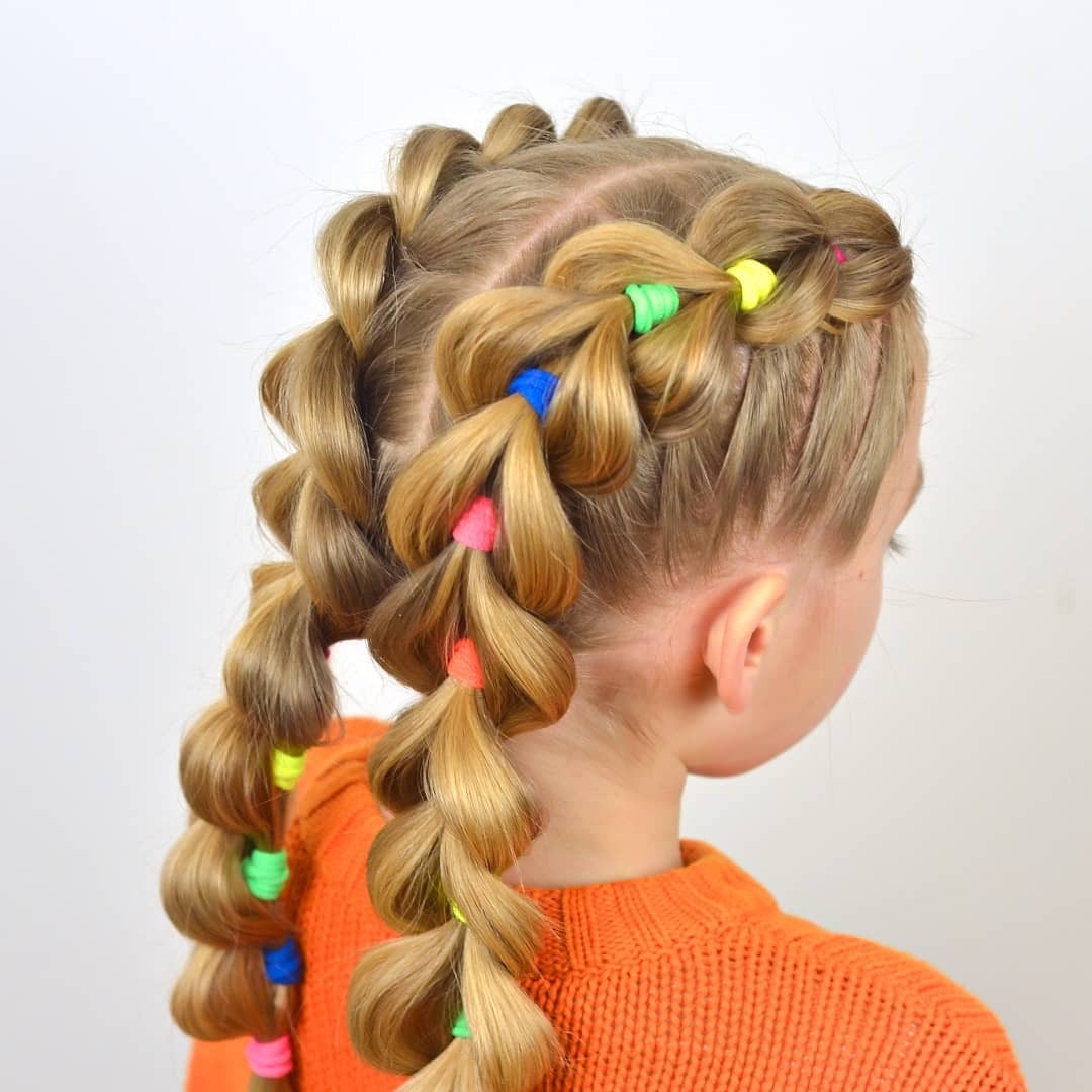13. Double Bubble Braids with Colorful Elastics on Golden Blonde Hair (Hairstyles For School)