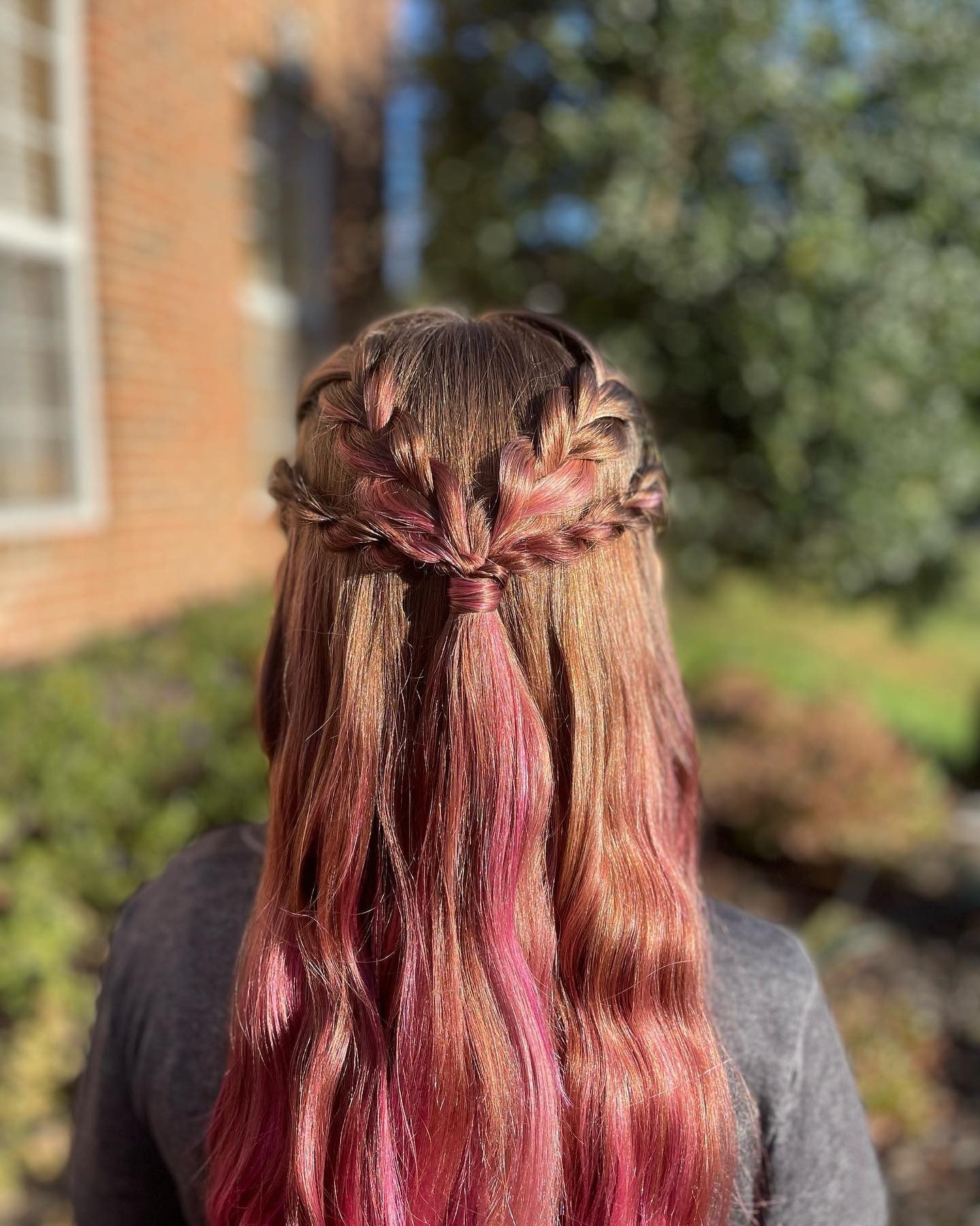 15. Waterfall Half-Up Braid on Reddish Brown Hair with Pink Highlights (Hairstyles For School)