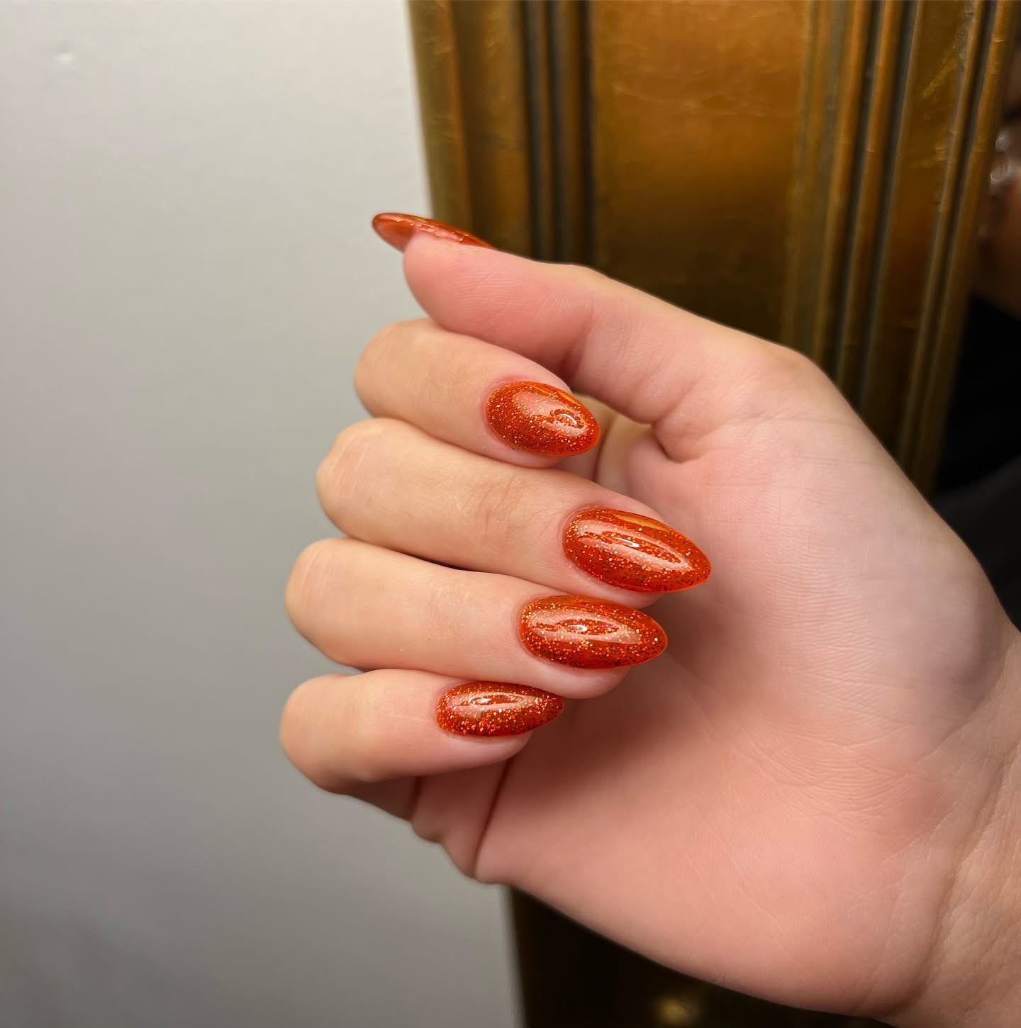 4. Fiery Orange Sparkle Nails (Glitter Nail Ideas)