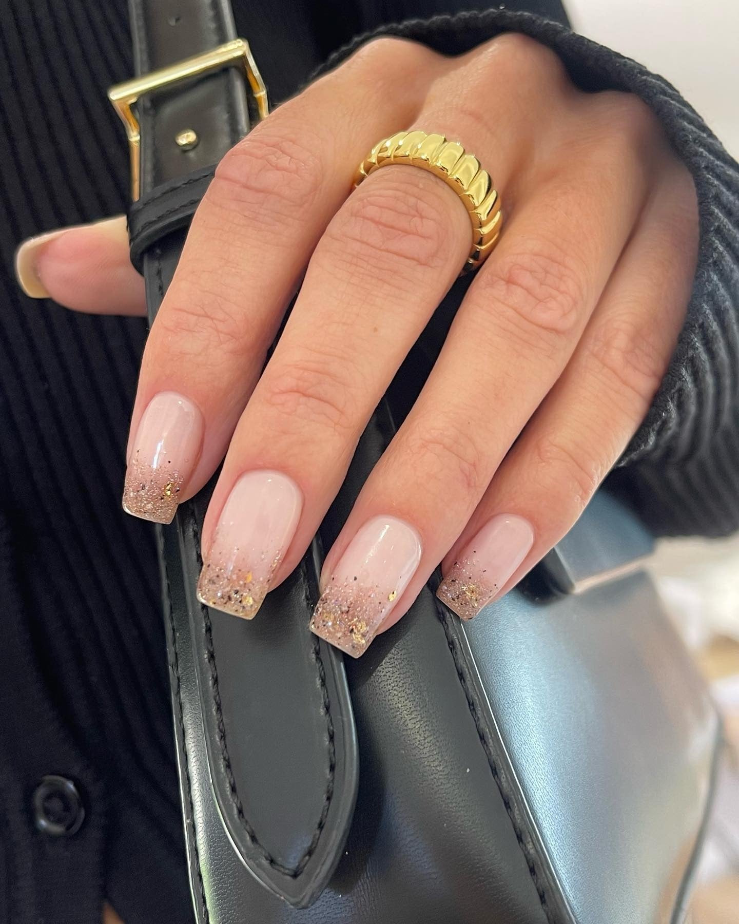 12. Square Nude with Gold Glitter Tips (Glitter Nail Ideas)