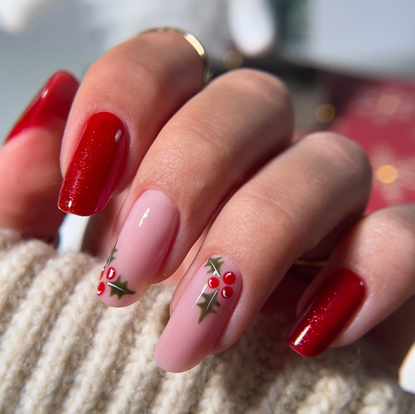 12. Classic Red with Holly Accents (Holiday Nail Ideas)