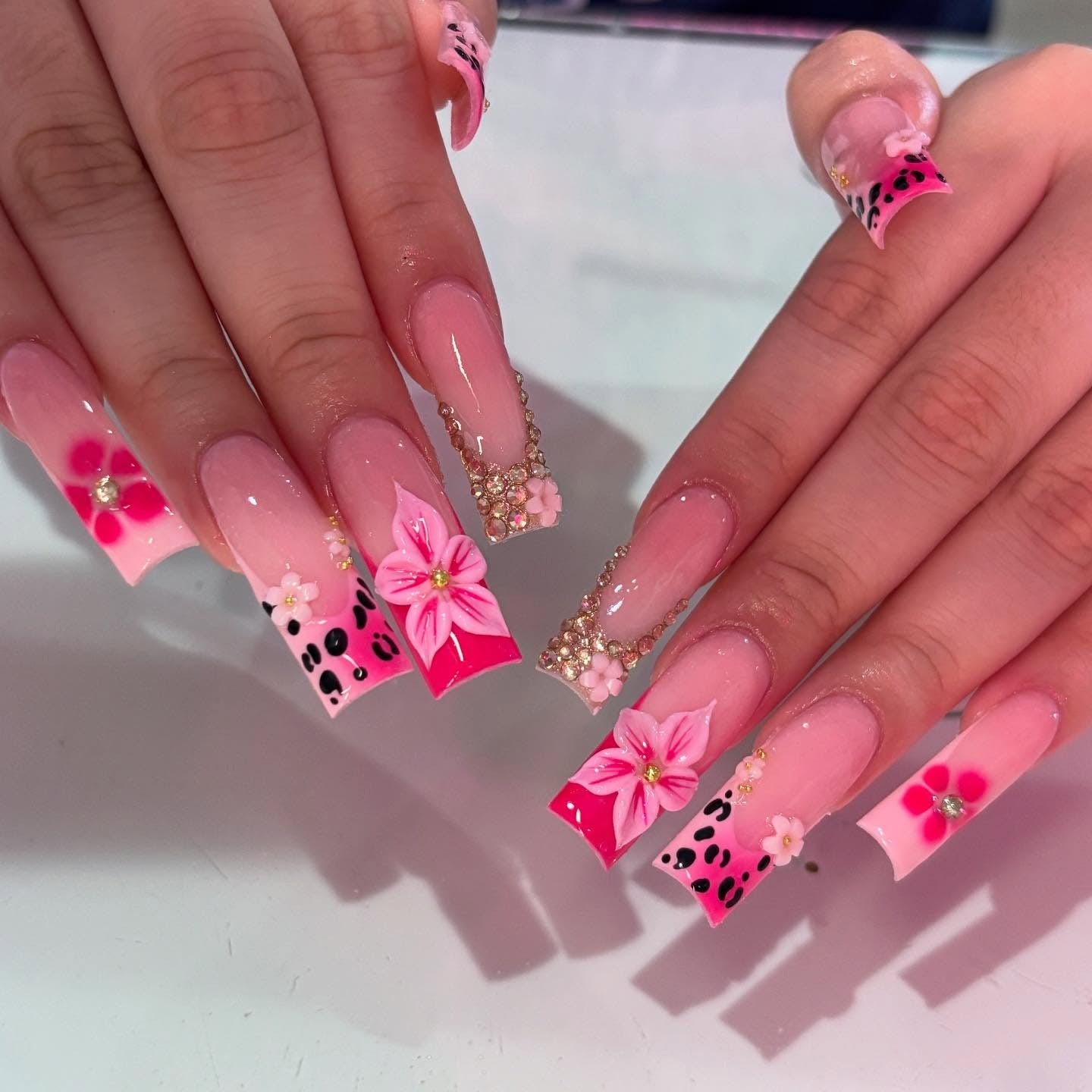 6. 3D Floral Glam (Hot Pink Nail Ideas)