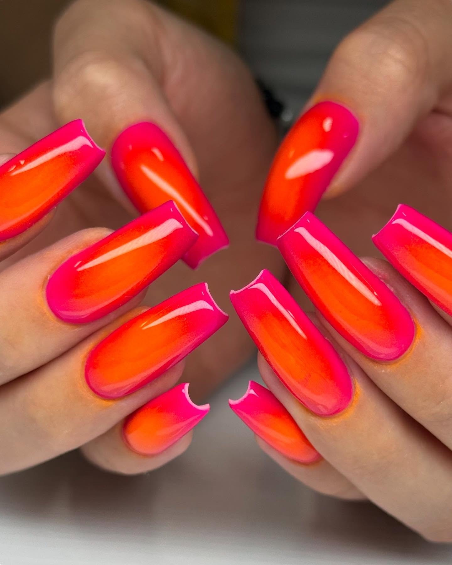 1. Neon Sunset Ombre Coffin Nails (Orange Color Nail Ideas)