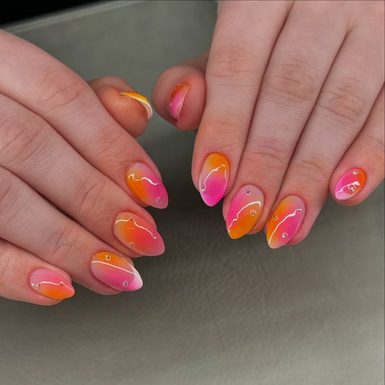 4. Tropical Wave Almond Nails (Orange Color Nail Ideas)