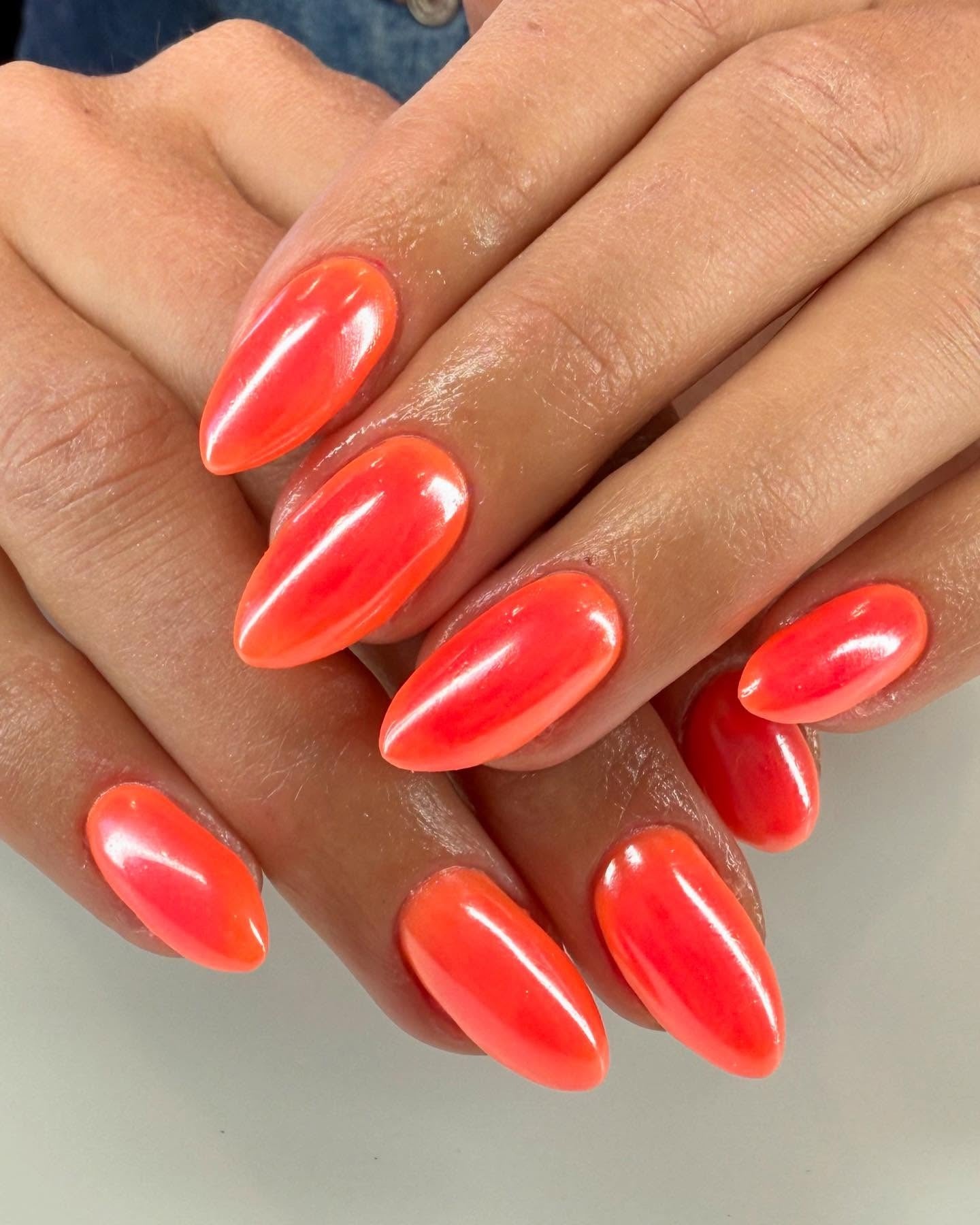 5. Electric Coral Almond Nails (Orange Color Nail Ideas)