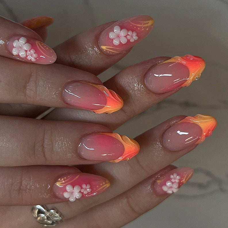 8. 3D Floral Tropical Ombre Nails (Orange Color Nail Ideas)