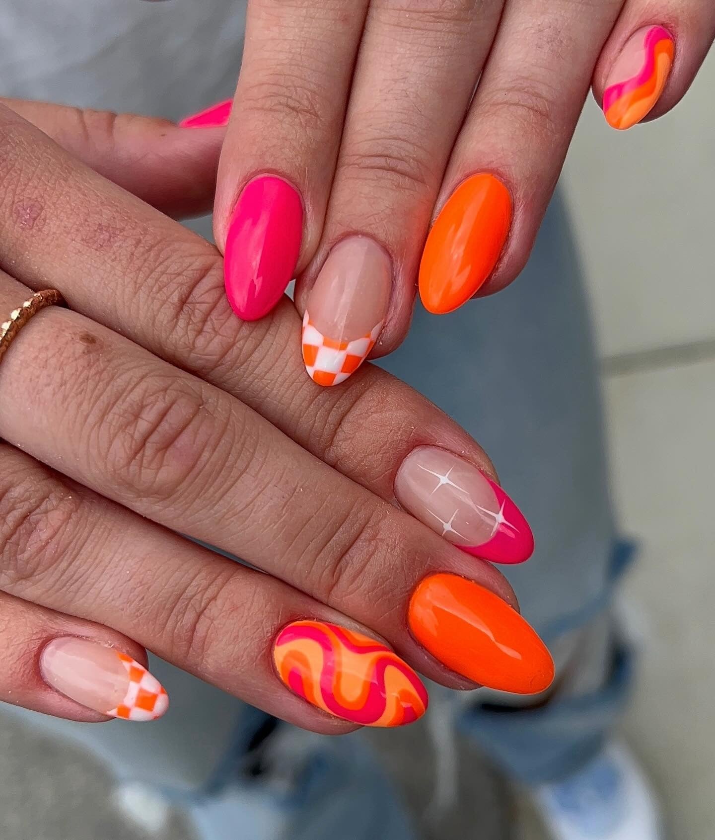 11. Retro Neon Mix Almond Nails (Orange Color Nail Ideas)