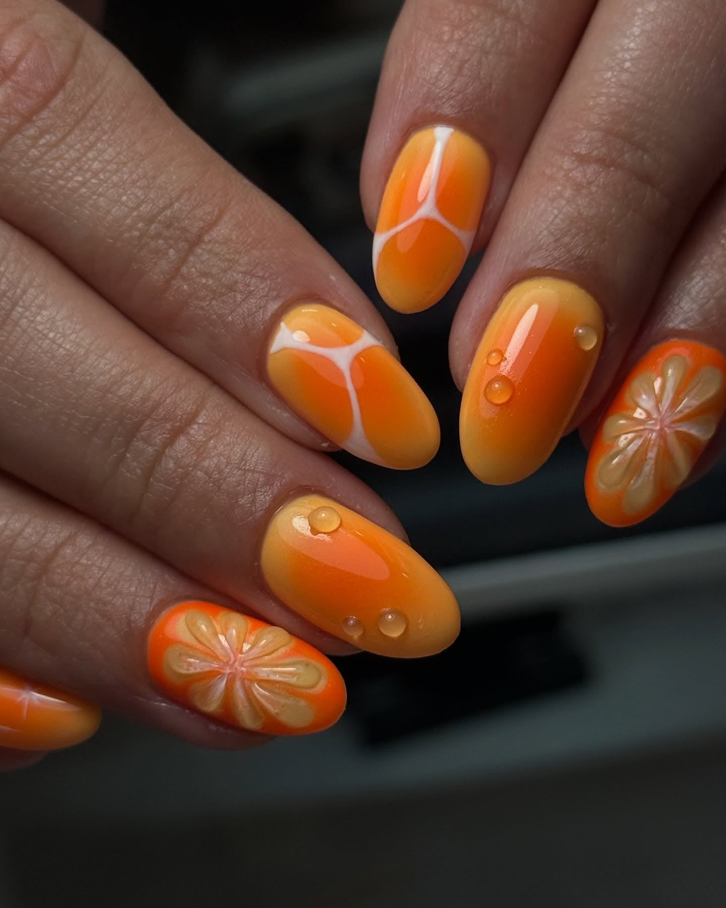 14. Juicy Orange Slice Gloss Nails (Orange Color Nail Ideas)
