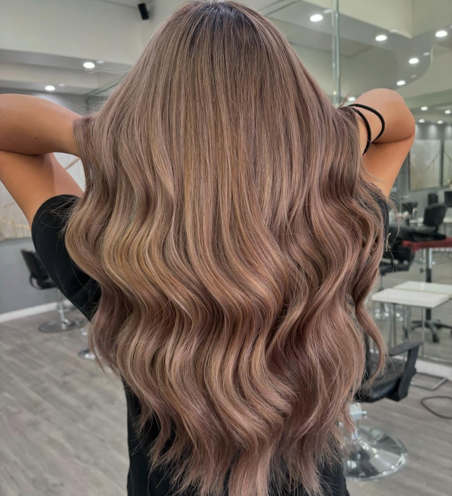 6. Rosy Milk Tea Balayage with Voluminous Waves (Milk Tea Hair Color)