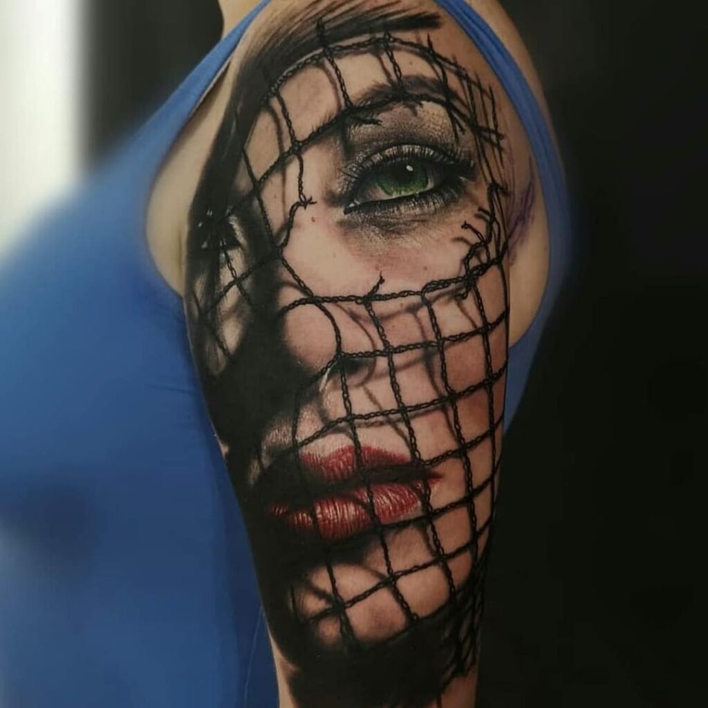 Hyperrealistic Woman's Face And Net Tattoo