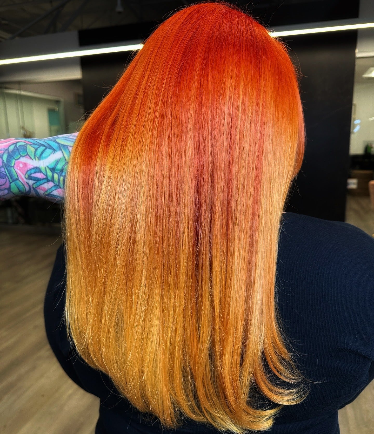 1. Fiery Layered Ombre on Long Hair (Orange Hair Color)
