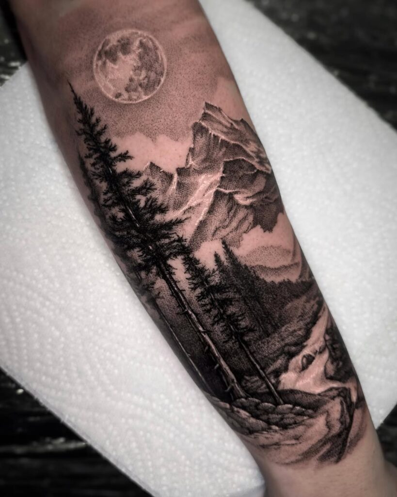 Mountain Landscape Sleeve Tattoo