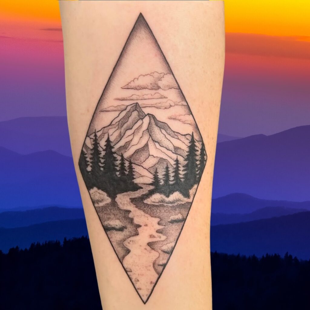 Mountain Landscape In A Rhombus-Shaped Frame