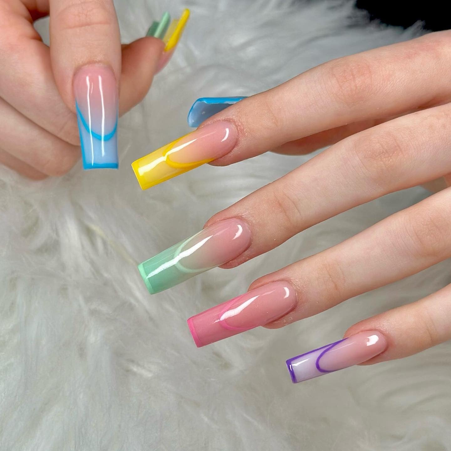 5. Glossy Rainbow French Coffin Nails (Easter Nail Ideas)