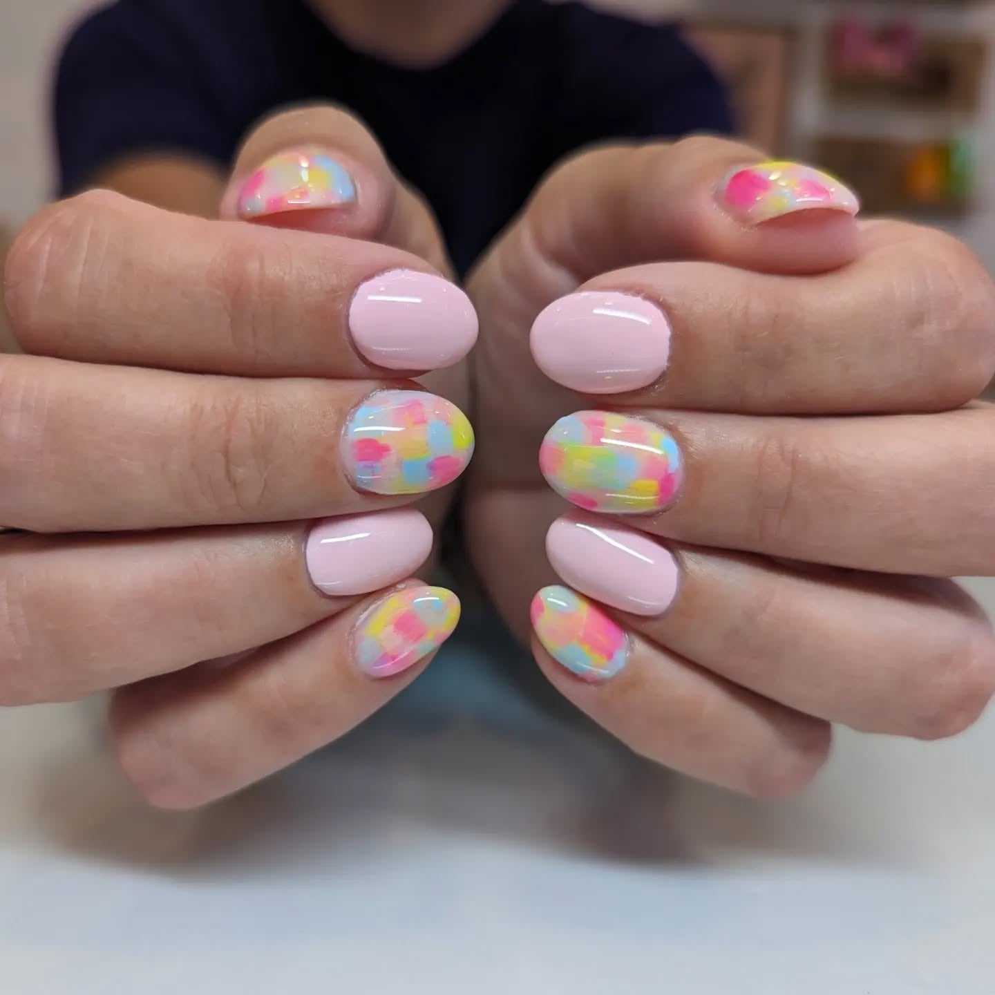 9. Pastel Brushstroke Patchwork (Easter Nail Ideas)