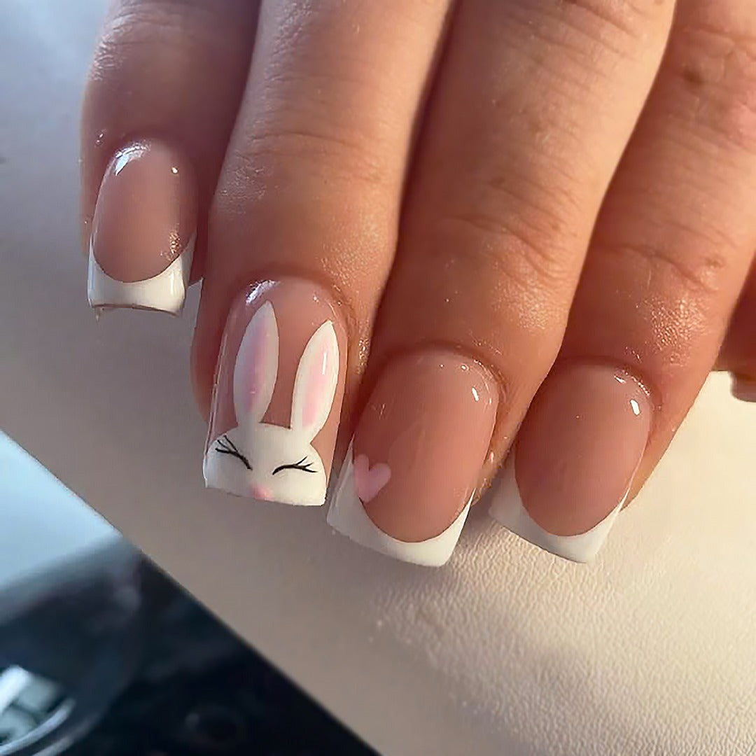 11. Classic French with Bunny Detail (Easter Nail Ideas)