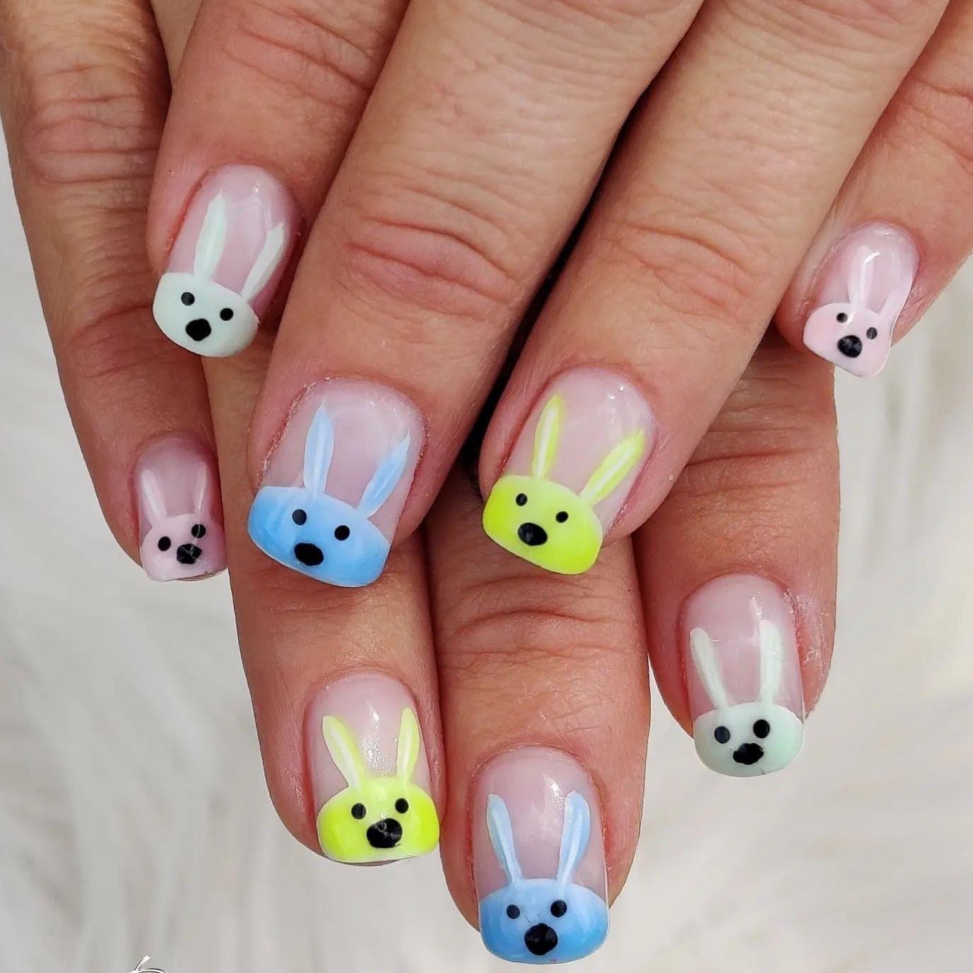 12. Pastel Bunny Faces on Natural Base (Easter Nail Ideas)