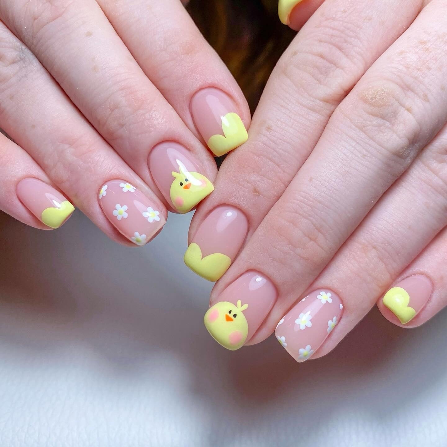 14. Yellow Easter Tips with Bunny & Chick Accents (Easter Nail Ideas)
