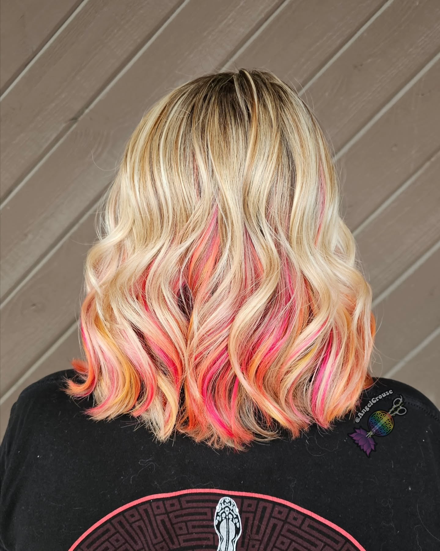 6. Blonde Lob with Peach and Pink Balayage Ends (Hair Color with Highlights)