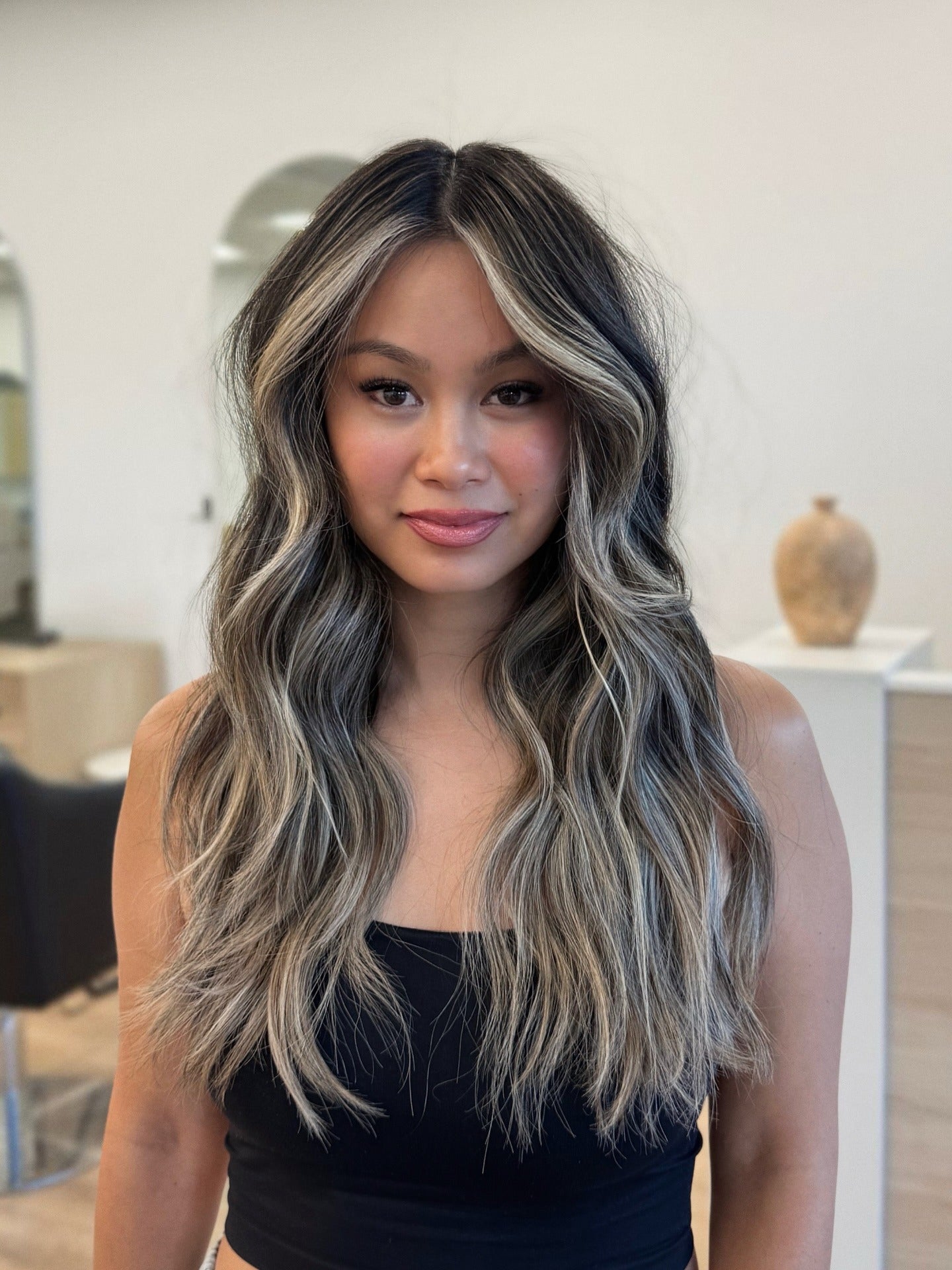 11. Ash Blonde Money Piece with Beach Waves (Hair Color with Highlights)