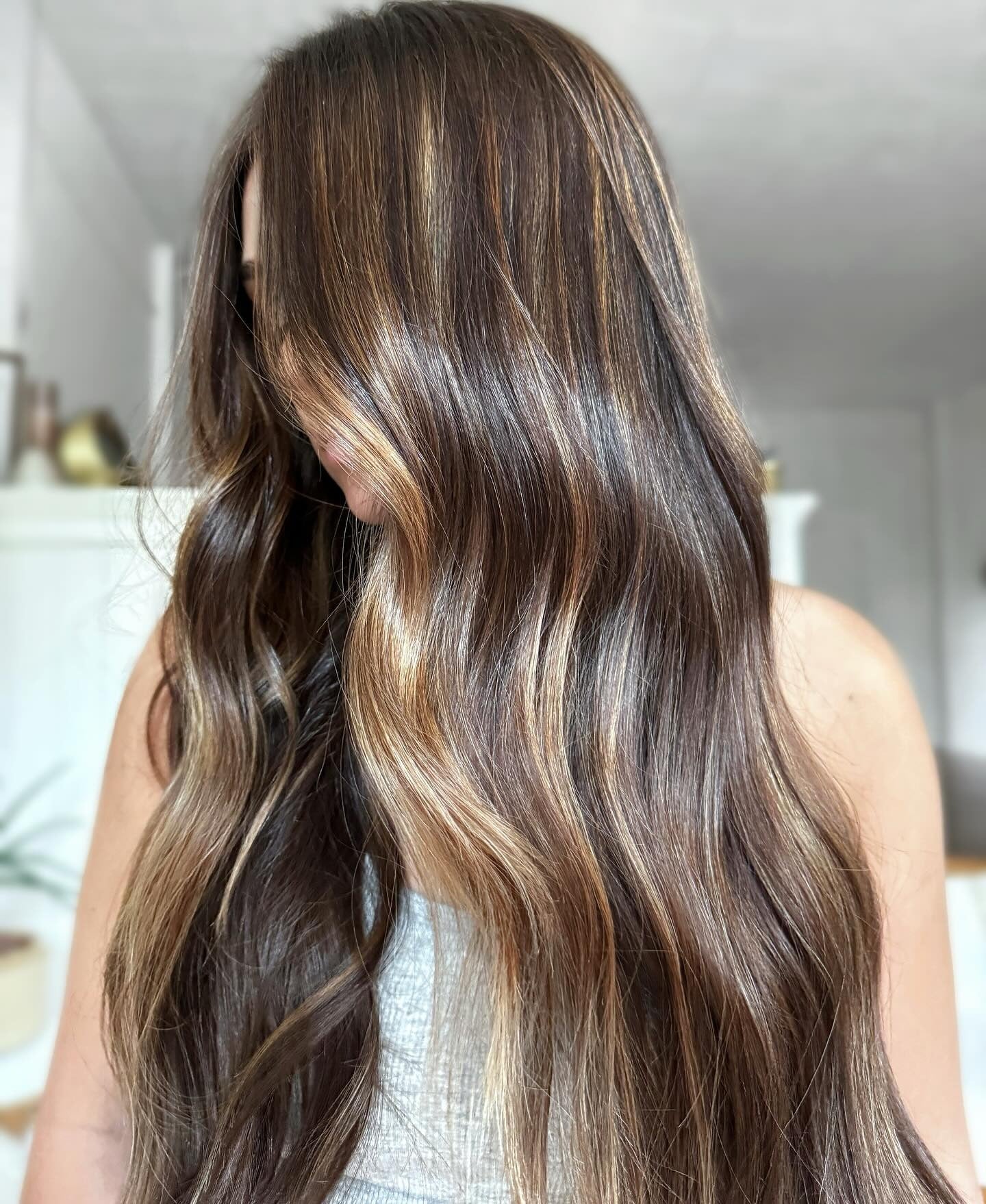 13. Golden Caramel Highlights on Chocolate Waves (Hair Color with Highlights)