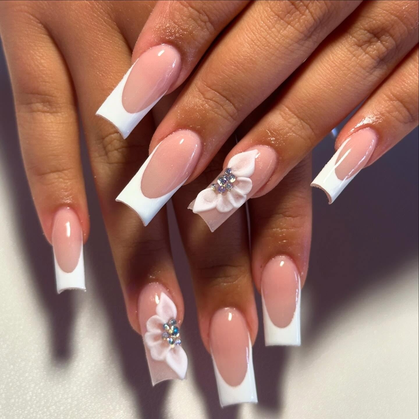 11. Pink French with Leopard Print and Cherry Gems (Small Coffin Nail Ideas)