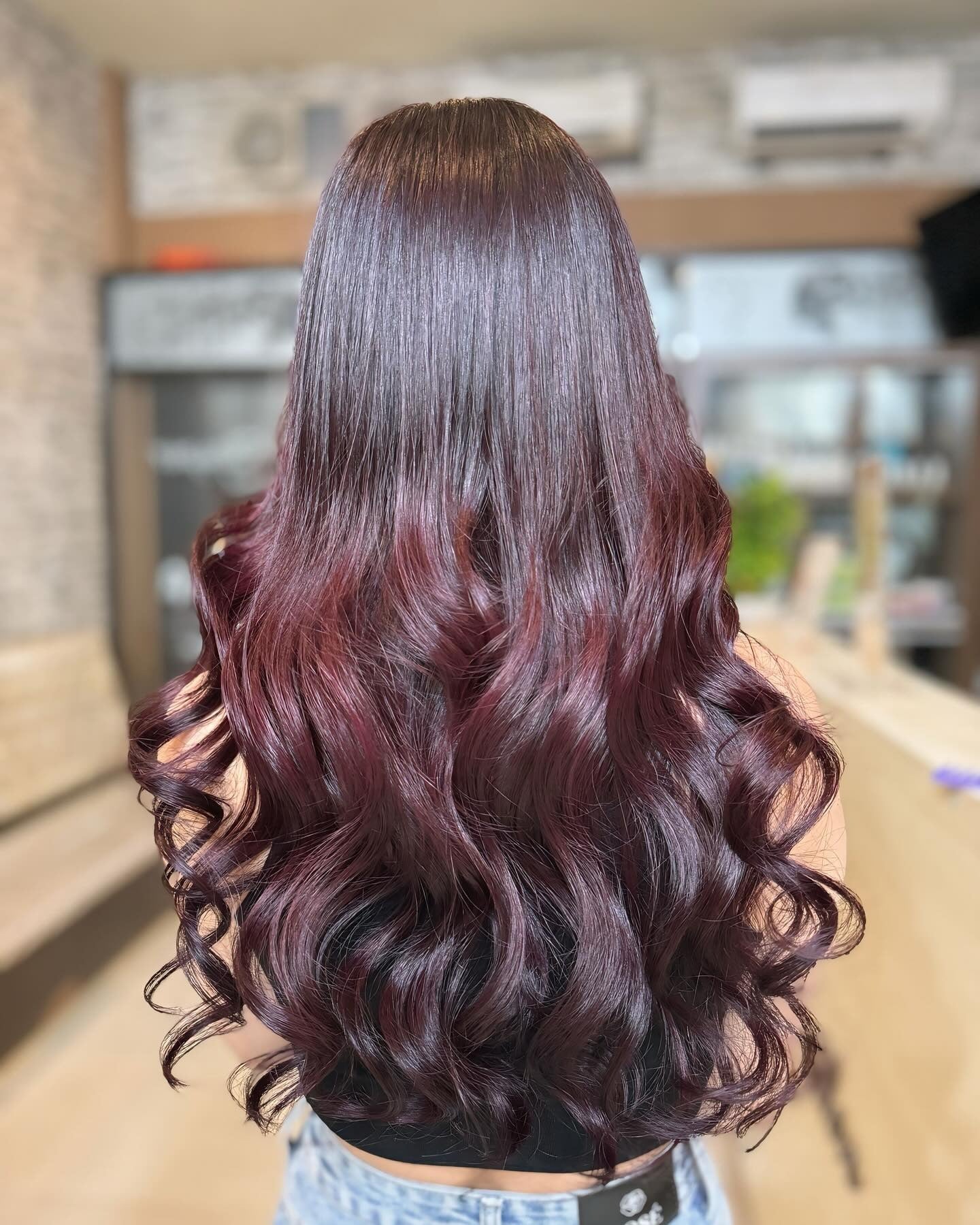 1. Long Plum Waves with Gloss Finish (Plum Hair Color)