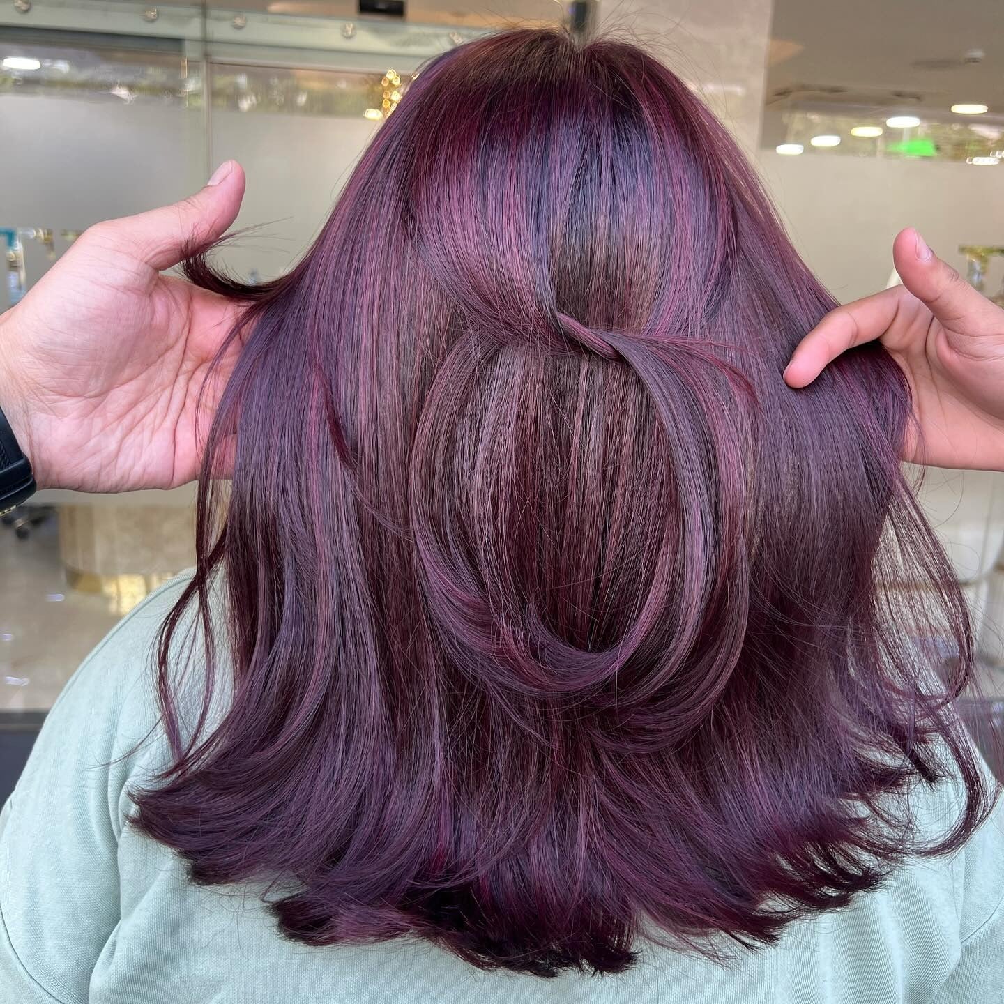 5. Mid-Length Plum Layers with Textured Finish (Plum Hair Color)